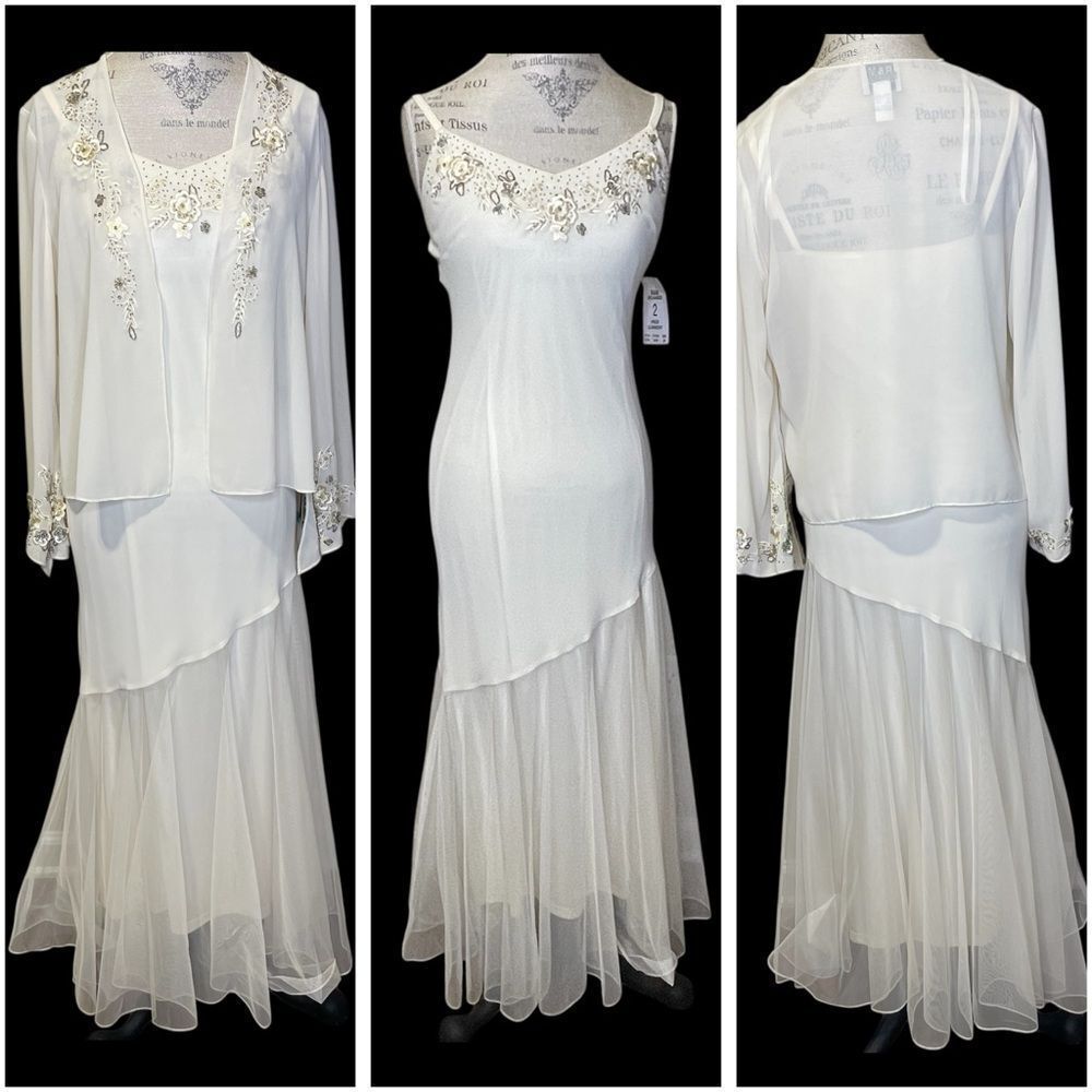 R&M Richards White Embellished Asymmetrical Evening Dress with Jacket